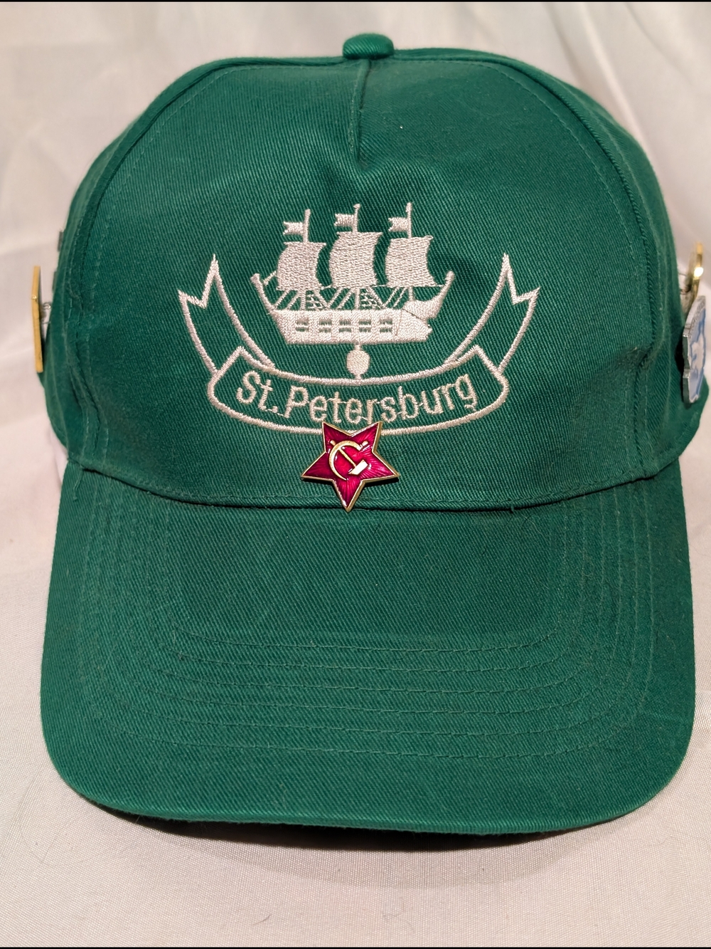 St. Petersburg Embroidered Green Baseball Cap With Vintage USSR Pins.